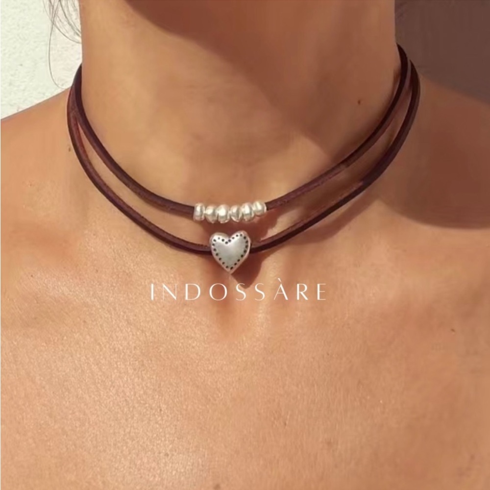 MULTI LAYERED STRAND LEATHER OF LOVE HEART NEKLACE NWT